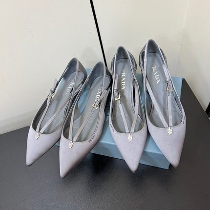CUT-OUT PUMPS WITH BEAD BUCKLE IN WARM GRAY SATIN