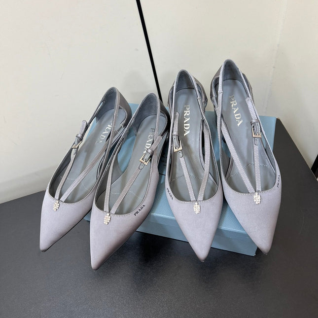 CUT-OUT PUMPS WITH BEAD BUCKLE IN WARM GRAY SATIN
