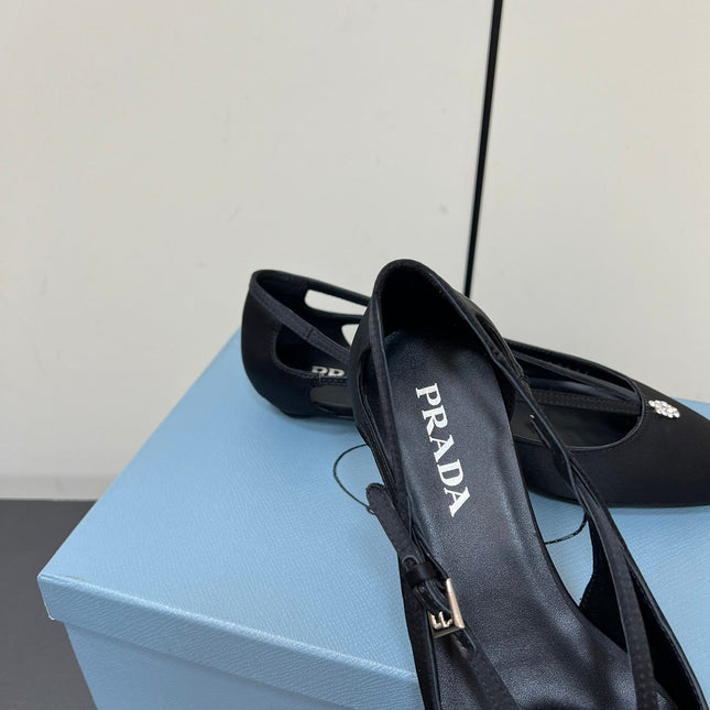 CUT-OUT BALLERINA FLAT IN BLACK SATIN ATTACHED BEAD BUCKLE