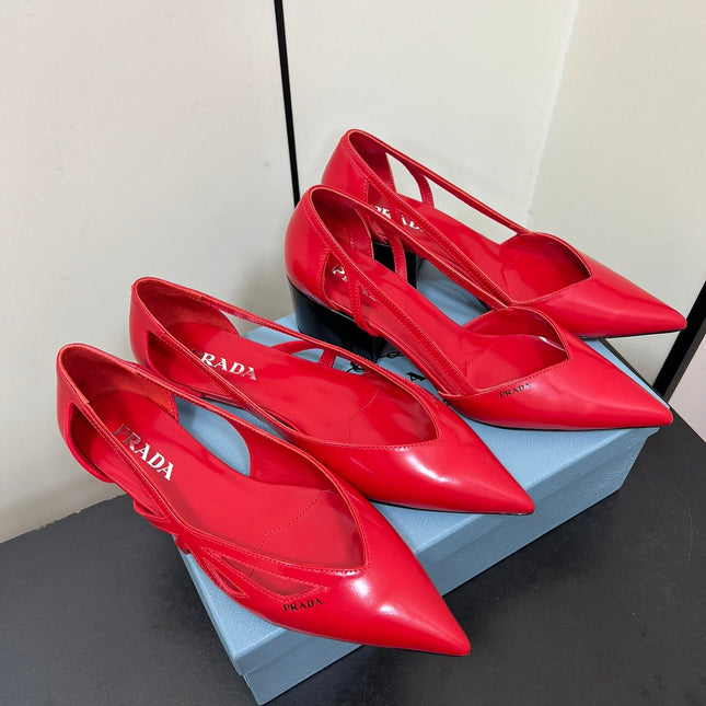 BRUSHED CUT-OUT PUMPS IN RED CALFSKIN