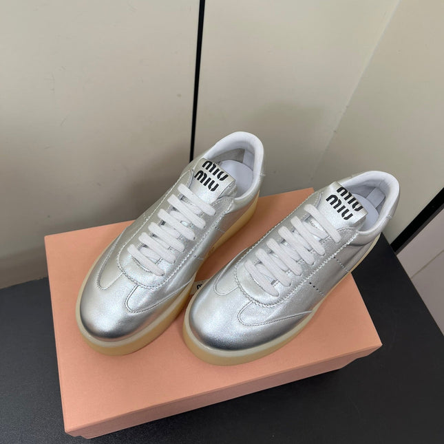 THICK-SOLED RETRO SNEAKERS IN SILVER METALLIC SMOOTH LAMBSKIN
