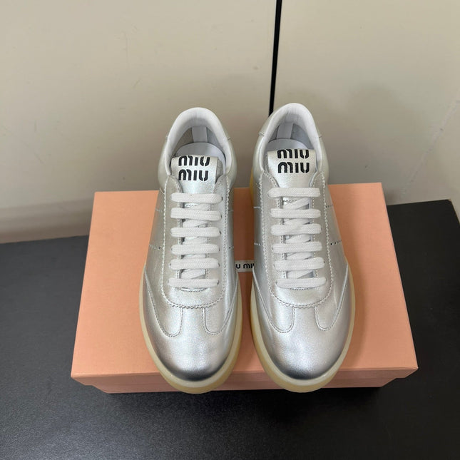 THICK-SOLED RETRO SNEAKERS IN SILVER METALLIC SMOOTH LAMBSKIN