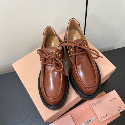 LACE-UP LOAFERS WITH THICK SOLE IN RED BROWN SHINY SHEEPSKIN