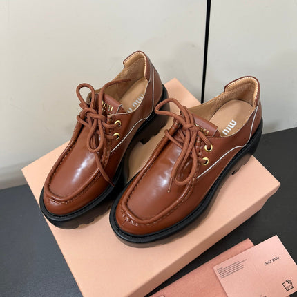 LACE-UP LOAFERS WITH THICK SOLE IN RED BROWN SHINY SHEEPSKIN