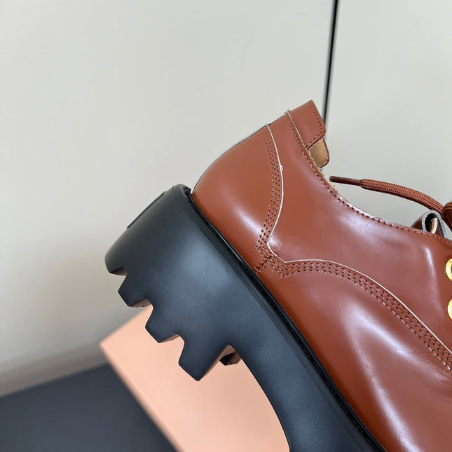 LACE-UP LOAFERS WITH THICK SOLE IN RED BROWN SHINY SHEEPSKIN