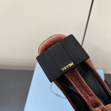 BOW MARY JANE PUMPS WITH T-STRAP IN UMBER BROWN VELVET