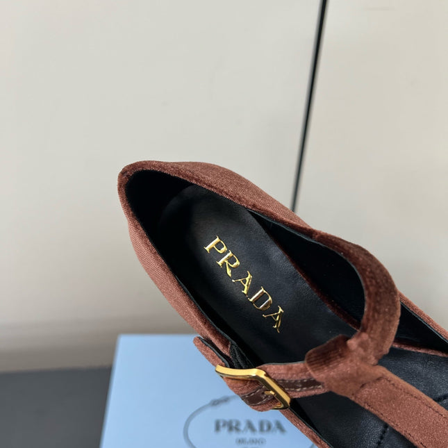 BOW MARY JANE PUMPS WITH T-STRAP IN UMBER BROWN VELVET