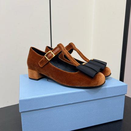 BOW MARY JANE PUMPS WITH T-STRAP IN BRONZE BROWN VELVET