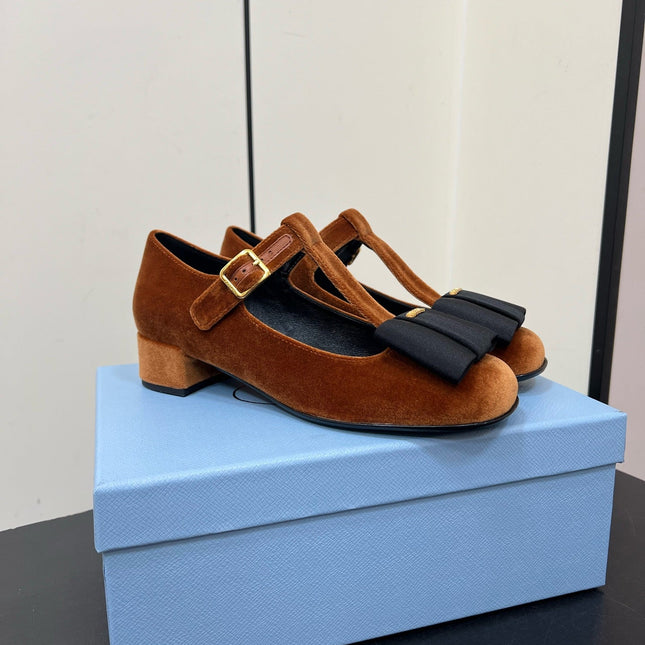 BOW MARY JANE PUMPS WITH T-STRAP IN BRONZE BROWN VELVET