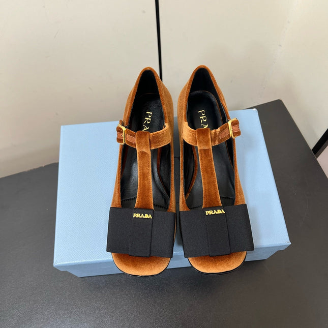 BOW MARY JANE PUMPS WITH T-STRAP IN BRONZE BROWN VELVET