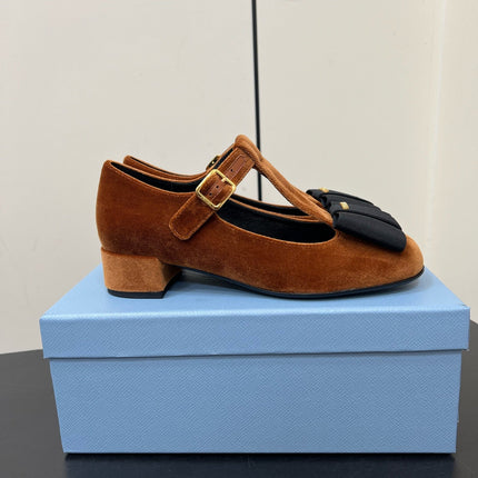 BOW MARY JANE PUMPS WITH T-STRAP IN BRONZE BROWN VELVET