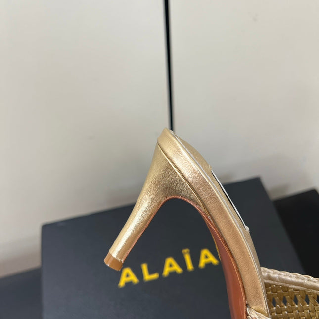 ALAIA HIGH HEEL 25S 70 MM IN GOLD LAMBSKIN WITH WOVEN PATTERN