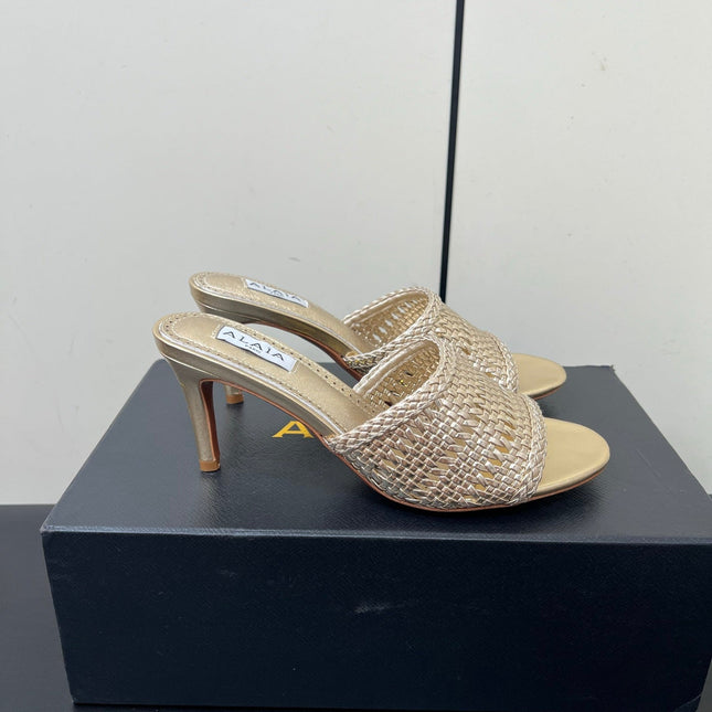 ALAIA HIGH HEEL 25S 70 MM IN GOLD LAMBSKIN WITH WOVEN PATTERN