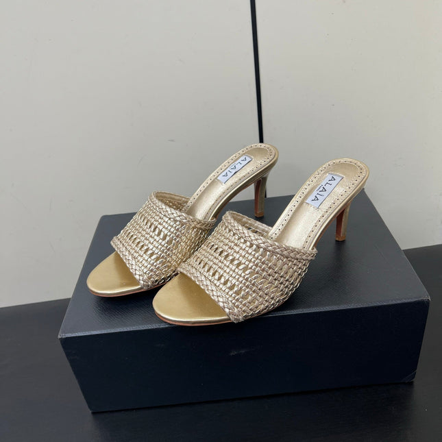 ALAIA HIGH HEEL 25S 70 MM IN GOLD LAMBSKIN WITH WOVEN PATTERN