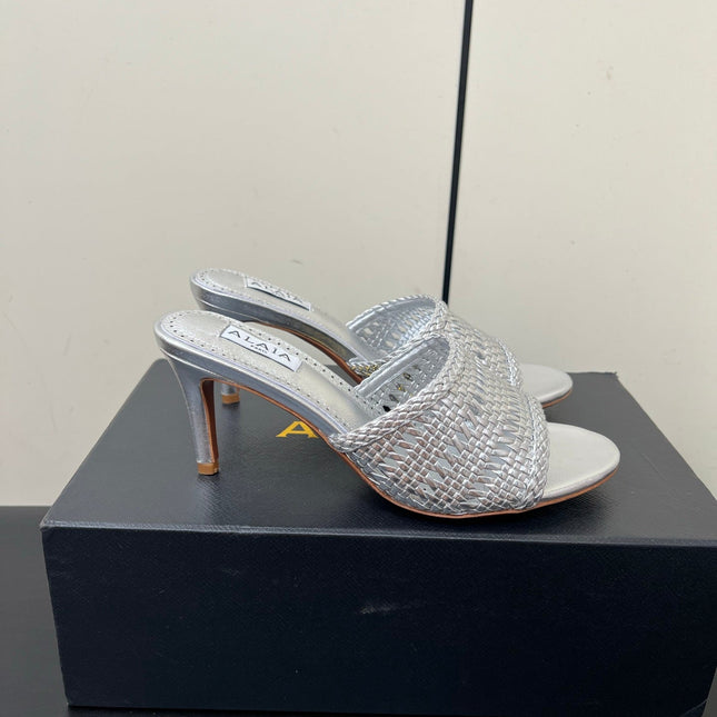 ALAIA HIGH HEEL 25S 70 MM IN SILVER LAMBSKIN WITH WOVEN PATTERN