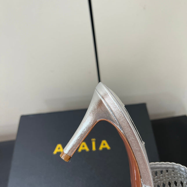 ALAIA HIGH HEEL 25S 70 MM IN SILVER LAMBSKIN WITH WOVEN PATTERN