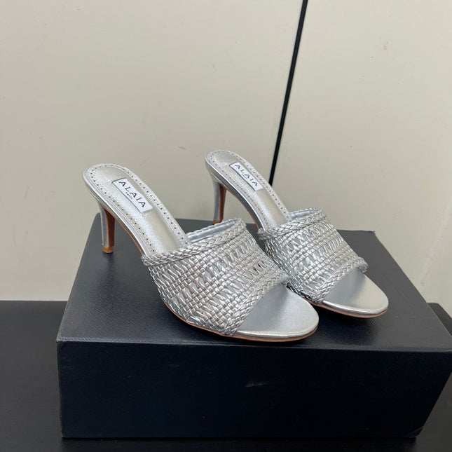 ALAIA HIGH HEEL 25S 70 MM IN SILVER LAMBSKIN WITH WOVEN PATTERN