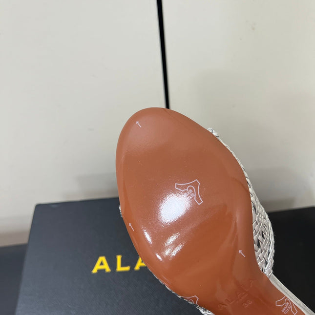 ALAIA HIGH HEEL 25S 70 MM IN SILVER LAMBSKIN WITH WOVEN PATTERN