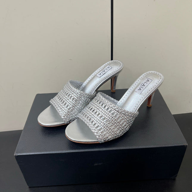 ALAIA HIGH HEEL 25S 70 MM IN SILVER LAMBSKIN WITH WOVEN PATTERN