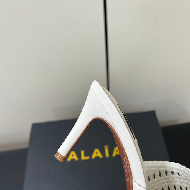 ALAIA HIGH HEEL 25S 70 MM IN WHITE LAMBSKIN WITH WOVEN PATTERN
