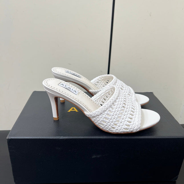 ALAIA HIGH HEEL 25S 70 MM IN WHITE LAMBSKIN WITH WOVEN PATTERN