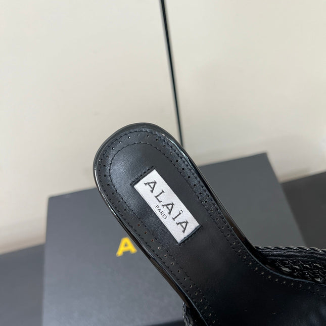ALAIA HIGH HEEL 25S 70 MM IN BLACK LAMBSKIN WITH WOVEN PATTERN