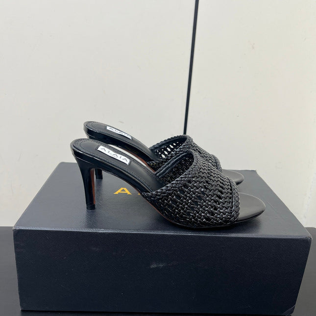 ALAIA HIGH HEEL 25S 70 MM IN BLACK LAMBSKIN WITH WOVEN PATTERN