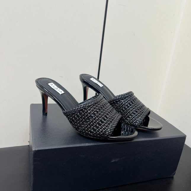 ALAIA HIGH HEEL 25S 70 MM IN BLACK LAMBSKIN WITH WOVEN PATTERN
