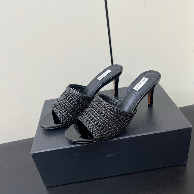 ALAIA HIGH HEEL 25S 70 MM IN BLACK LAMBSKIN WITH WOVEN PATTERN