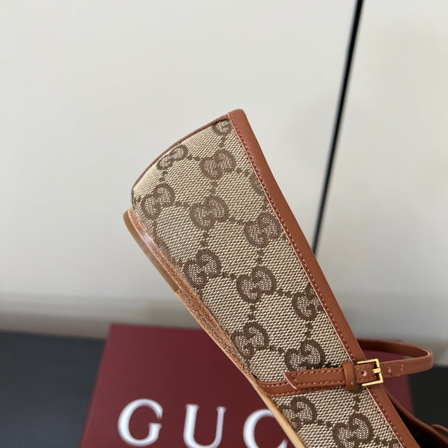 GG MARY JANE 25S IN MINK BROWN CANVAS MIX LAMBSKIN WITH GOLD HARDWARE