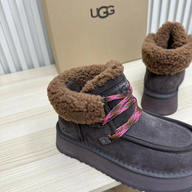 FUNKARRA CABIN CUFF HICKORY BROWN SUEDE AND LAMB FUR