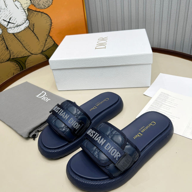 PLATFORM SLIDES 25S 50MM IN NAVY BLUE CALFSKIN AND ELECTRIC FABRIC