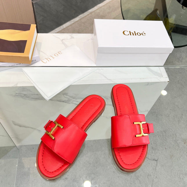 HLOE MARCIE SLIDE IN CHERRY RED CALFSKIN WITH GOLD HARDWARE
