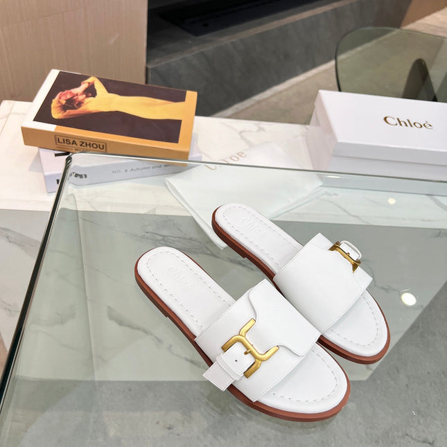 HLOE MARCIE SLIDE IN WHITE CALFSKIN WITH GOLD HARDWARE