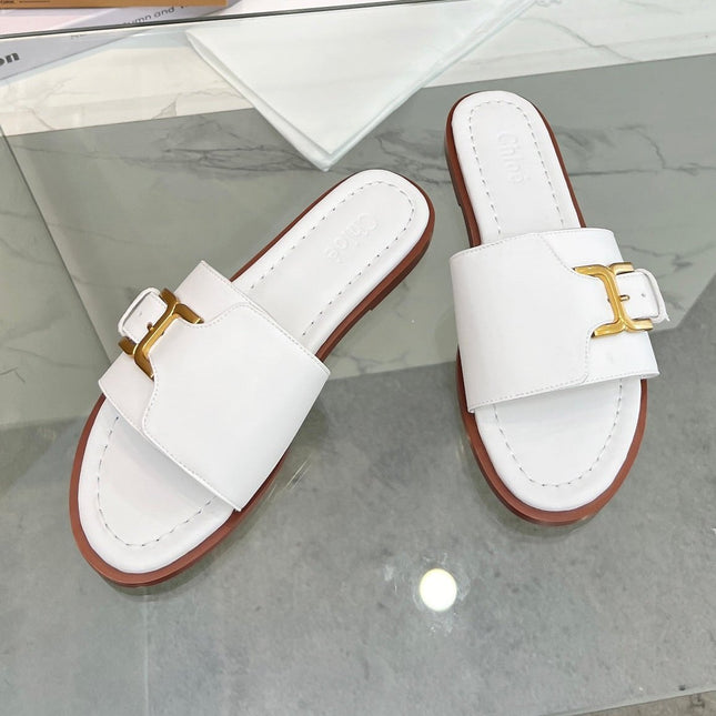 HLOE MARCIE SLIDE IN WHITE CALFSKIN WITH GOLD HARDWARE
