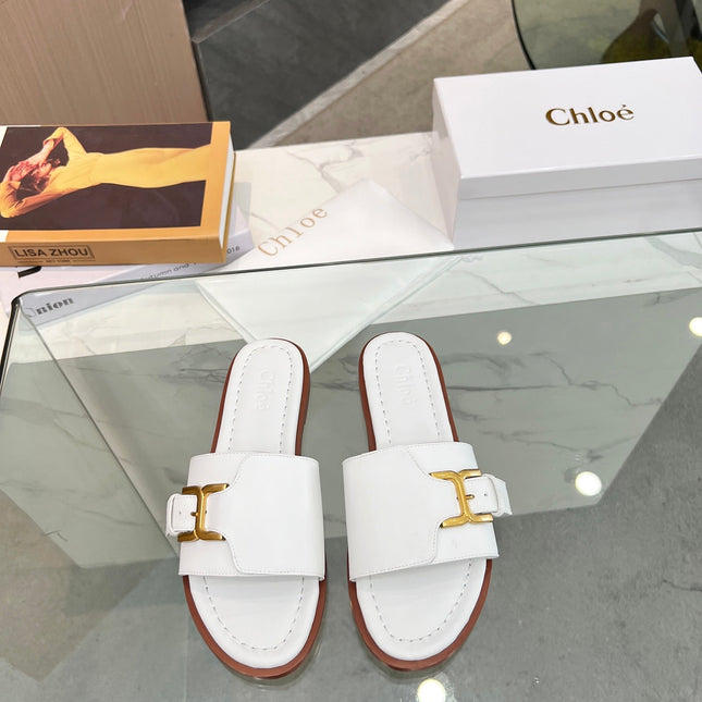 HLOE MARCIE SLIDE IN WHITE CALFSKIN WITH GOLD HARDWARE