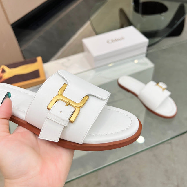HLOE MARCIE SLIDE IN WHITE CALFSKIN WITH GOLD HARDWARE
