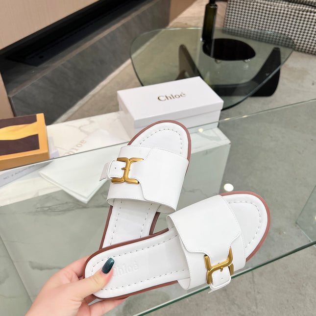 HLOE MARCIE SLIDE IN WHITE CALFSKIN WITH GOLD HARDWARE