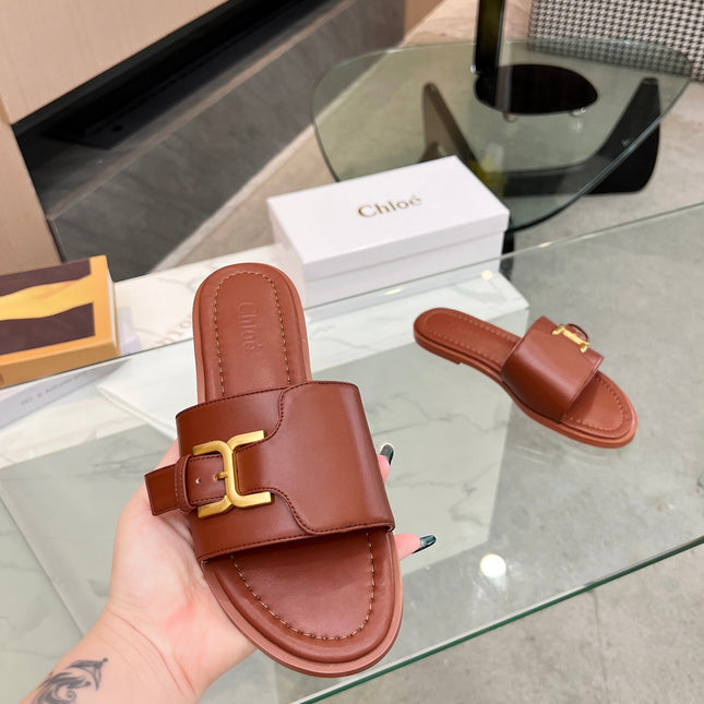 MARCIE SLIDE IN UMBER BROWN CALFSKIN WITH GOLD HARDWARE
