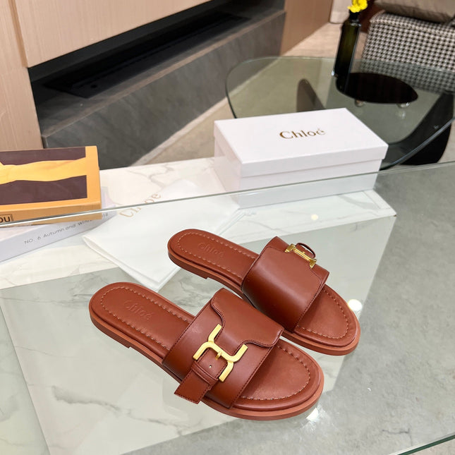 MARCIE SLIDE IN UMBER BROWN CALFSKIN WITH GOLD HARDWARE