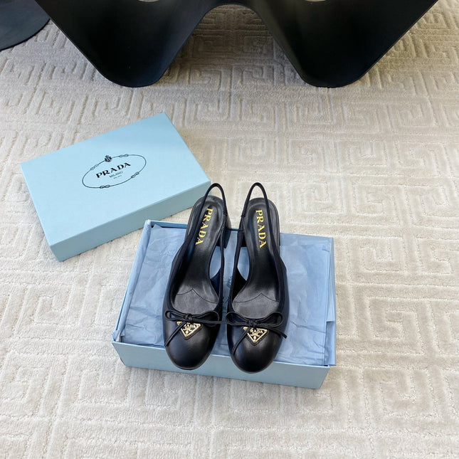 TRIANGLE LOGO SLINGBACK PUMPS WITH BOW IN BLACK CALFSKIN