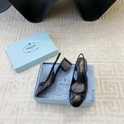 TRIANGLE LOGO SLINGBACK PUMPS WITH BOW IN BLACK CALFSKIN