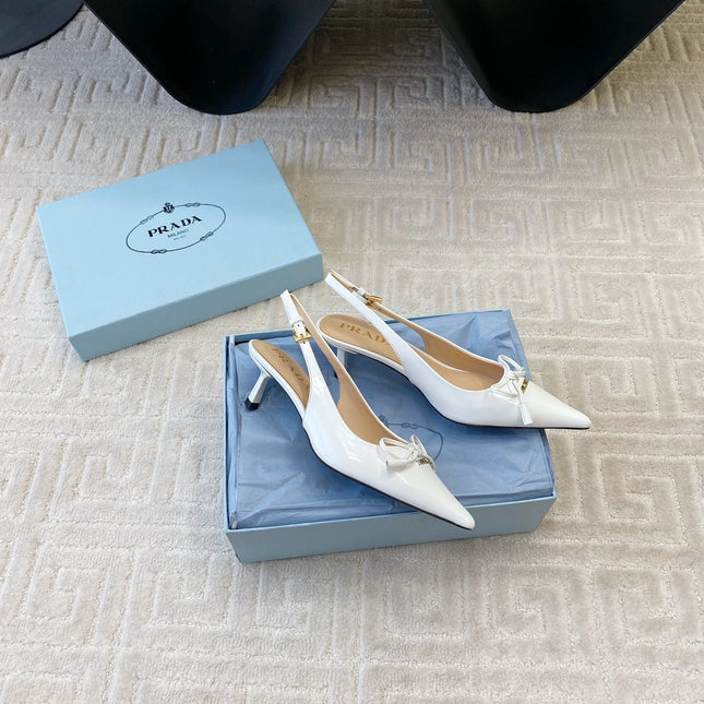SLINGBACK PUMPS ATTACHED BOW IN WHITE GLOSSY CALFSKIN