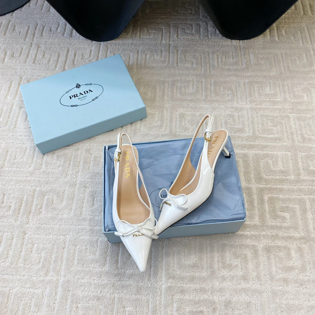 SLINGBACK PUMPS ATTACHED BOW IN WHITE GLOSSY CALFSKIN