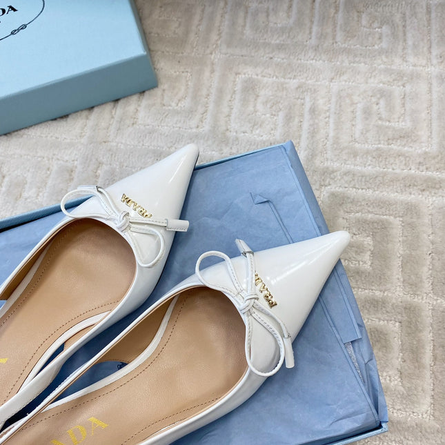 SLINGBACK PUMPS ATTACHED BOW IN WHITE GLOSSY CALFSKIN