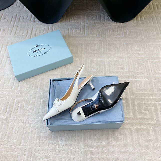 SLINGBACK PUMPS ATTACHED BOW IN WHITE GLOSSY CALFSKIN