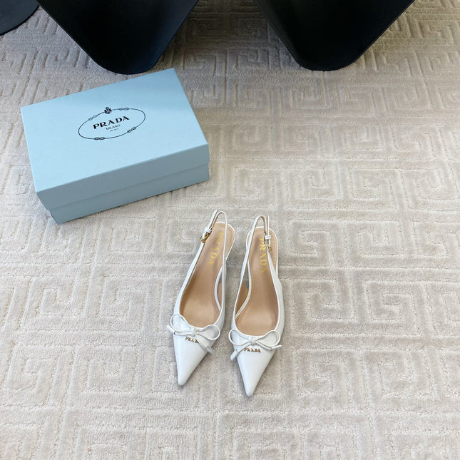 SLINGBACK PUMPS ATTACHED BOW IN WHITE GLOSSY CALFSKIN
