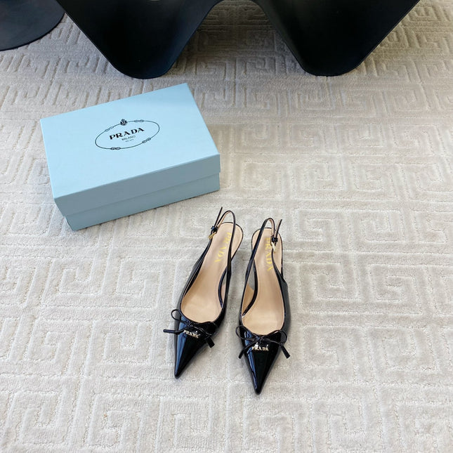 SLINGBACK PUMPS ATTACHED BOW IN BLACK GLOSSY CALFSKIN