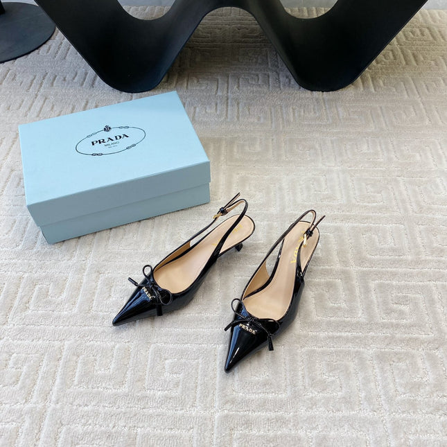 SLINGBACK PUMPS ATTACHED BOW IN BLACK GLOSSY CALFSKIN