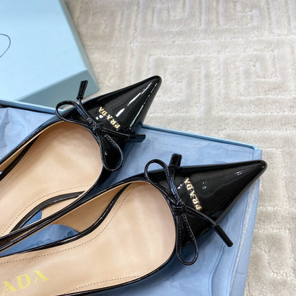 SLINGBACK PUMPS ATTACHED BOW IN BLACK GLOSSY CALFSKIN
